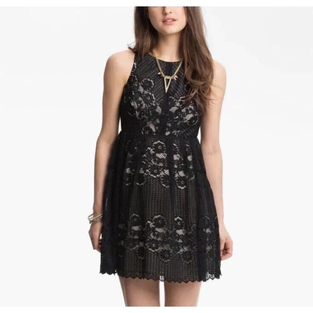 Free People Cocktail Dress Rocco‎ Open Back Black Floral Lace Sleeveless Size 0